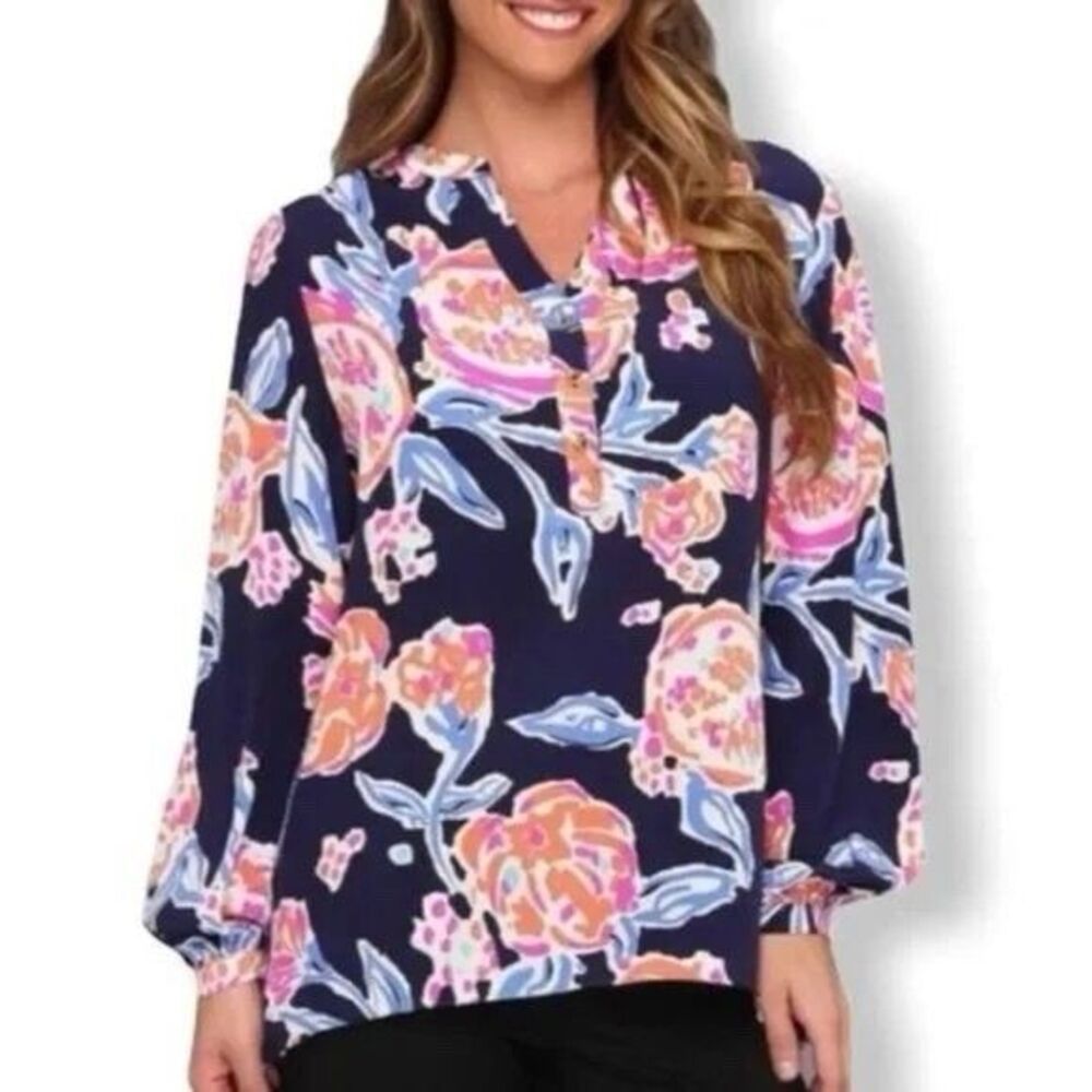 Lilly Pulitzer Top XS Navy Floral Alexandra Henley Long Sleeve Bright Pom Pom